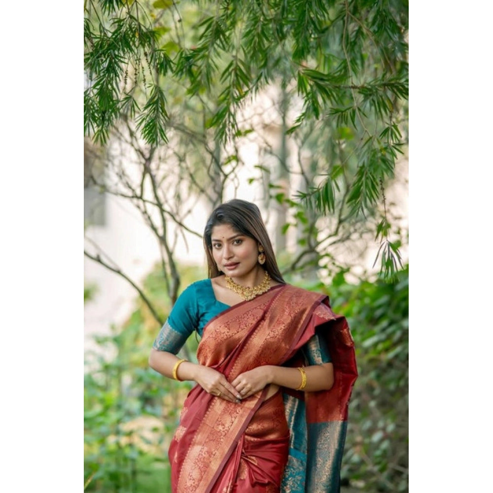 Women's Katan_Silk Zari_Weaving Saree With Unstitched Blouse 5.5Mtr (Maroon)