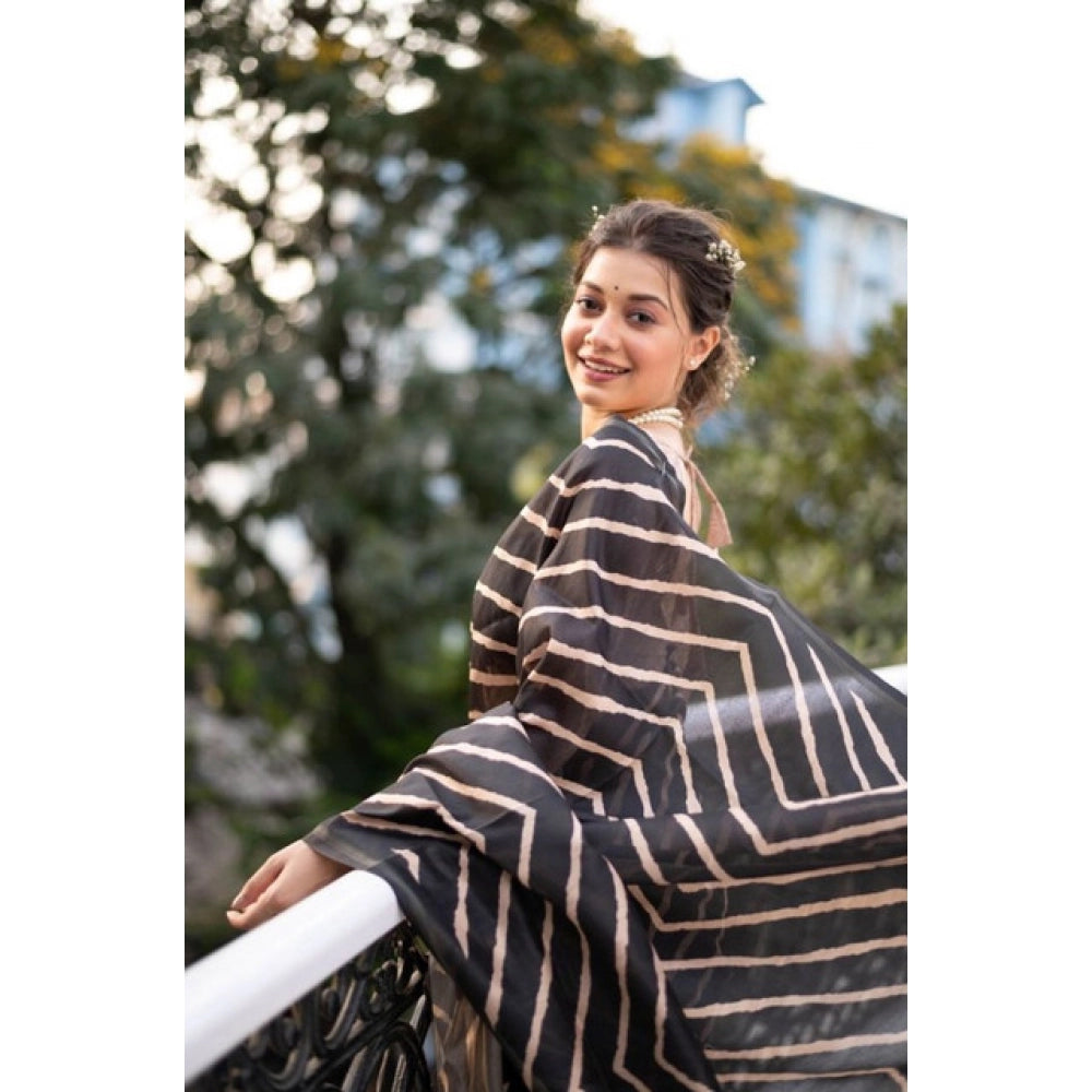 Women's Faux_Tussar_Silk Geometric_Print Saree With Unstitched Blouse 5.5Mtr (Black)