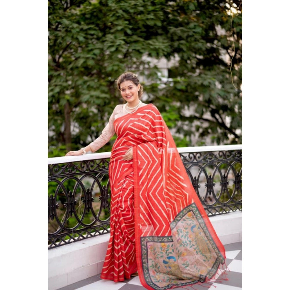 Women's Faux_Tussar_Silk Geometric_Print Saree With Unstitched Blouse 5.5Mtr (Red)