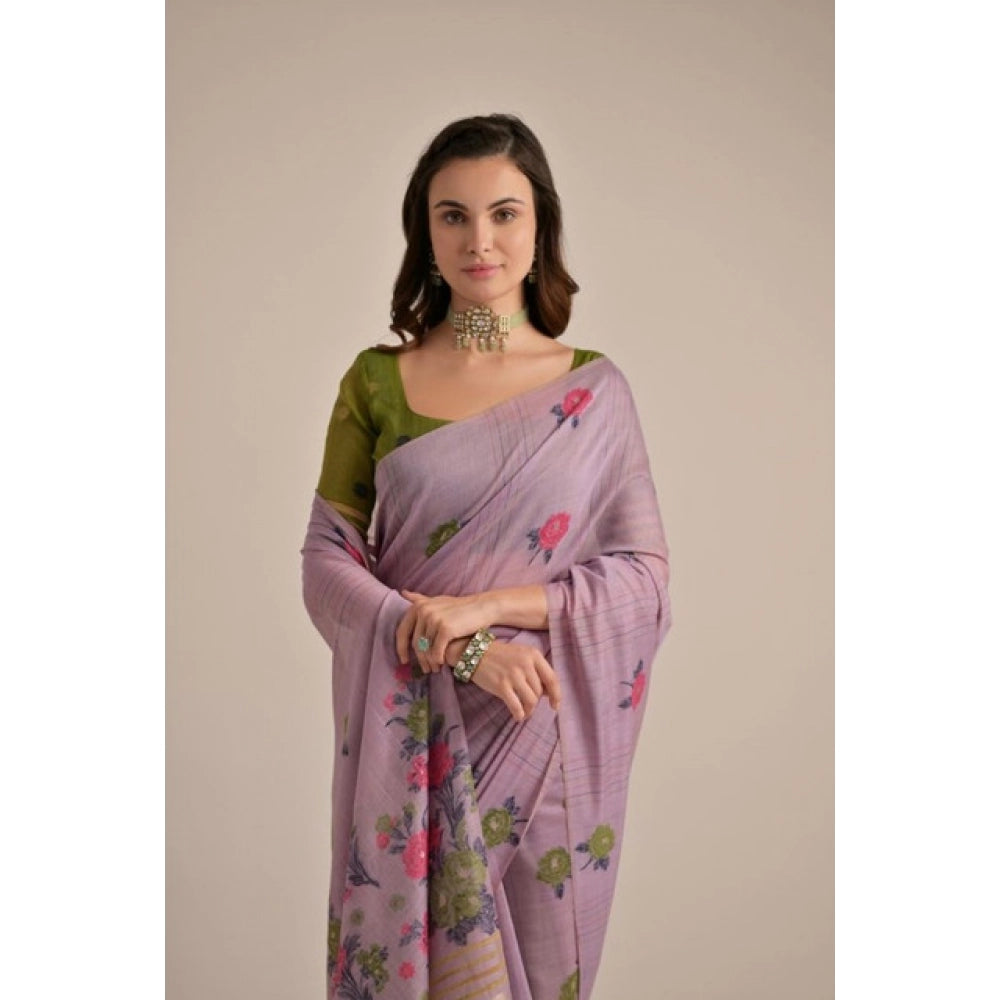 Women's Blended_Cotton Floral Motifs And Woven Buttas Saree With Unstitched Blouse 5.5Mtr (Lavender)