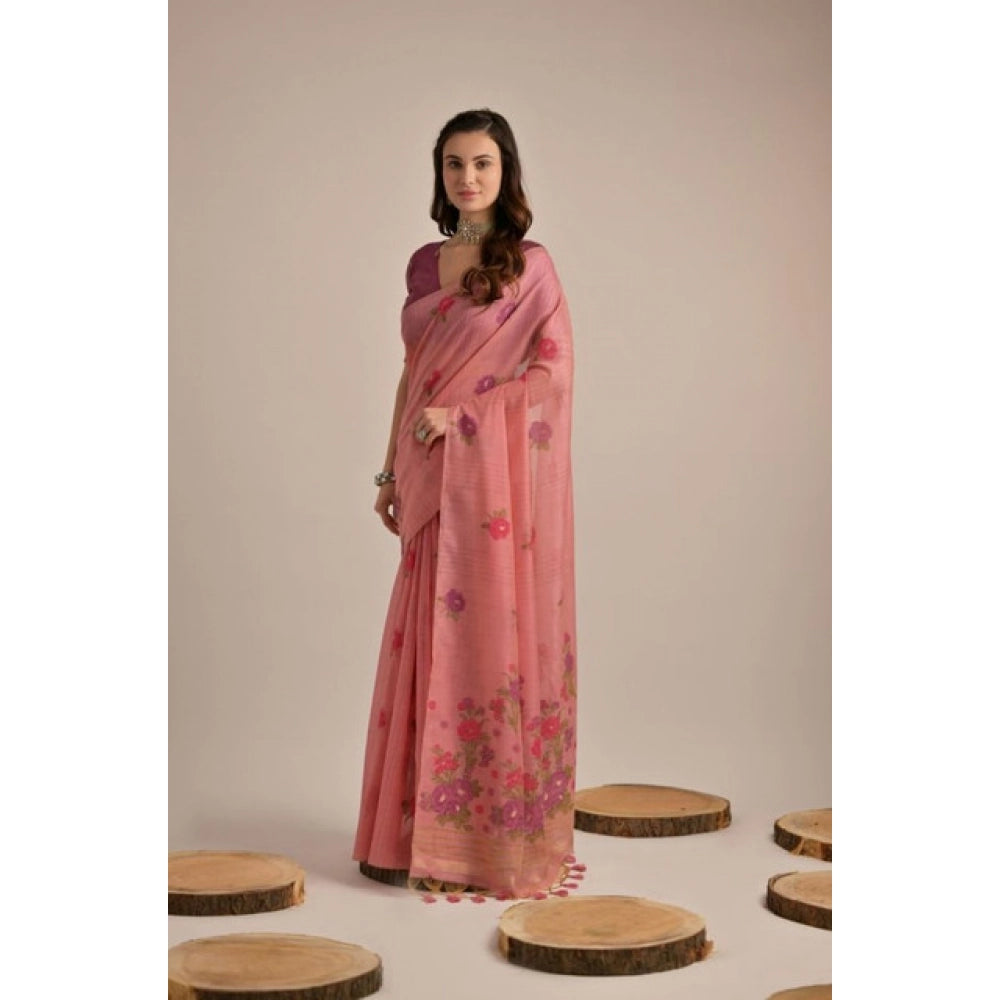 Women's Blended_Cotton Floral Motifs And Woven Buttas Saree With Unstitched Blouse 5.5Mtr (Pink)