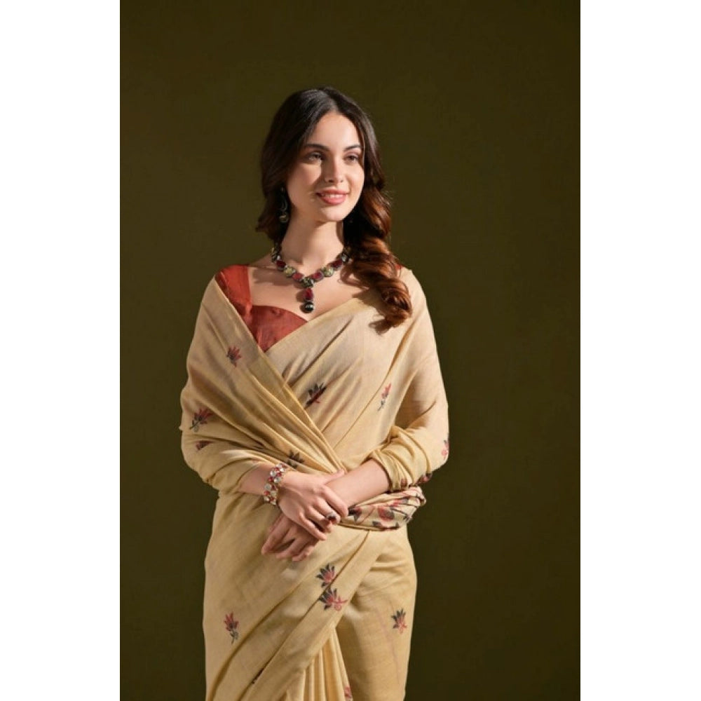 Women's Blended_Cotton Floral Saree With Unstitched Blouse 5.5Mtr (Beige)