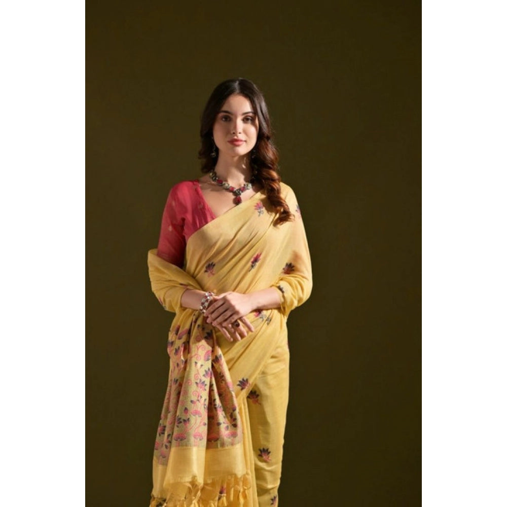 Women's Blended_Cotton Floral Saree With Unstitched Blouse 5.5Mtr (Mustard)