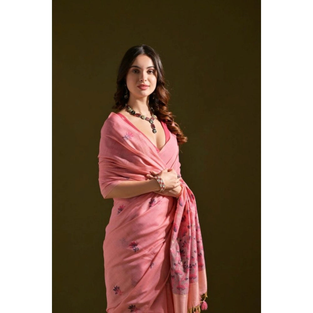 Women's Blended_Cotton Floral Saree With Unstitched Blouse 5.5Mtr (Pink)