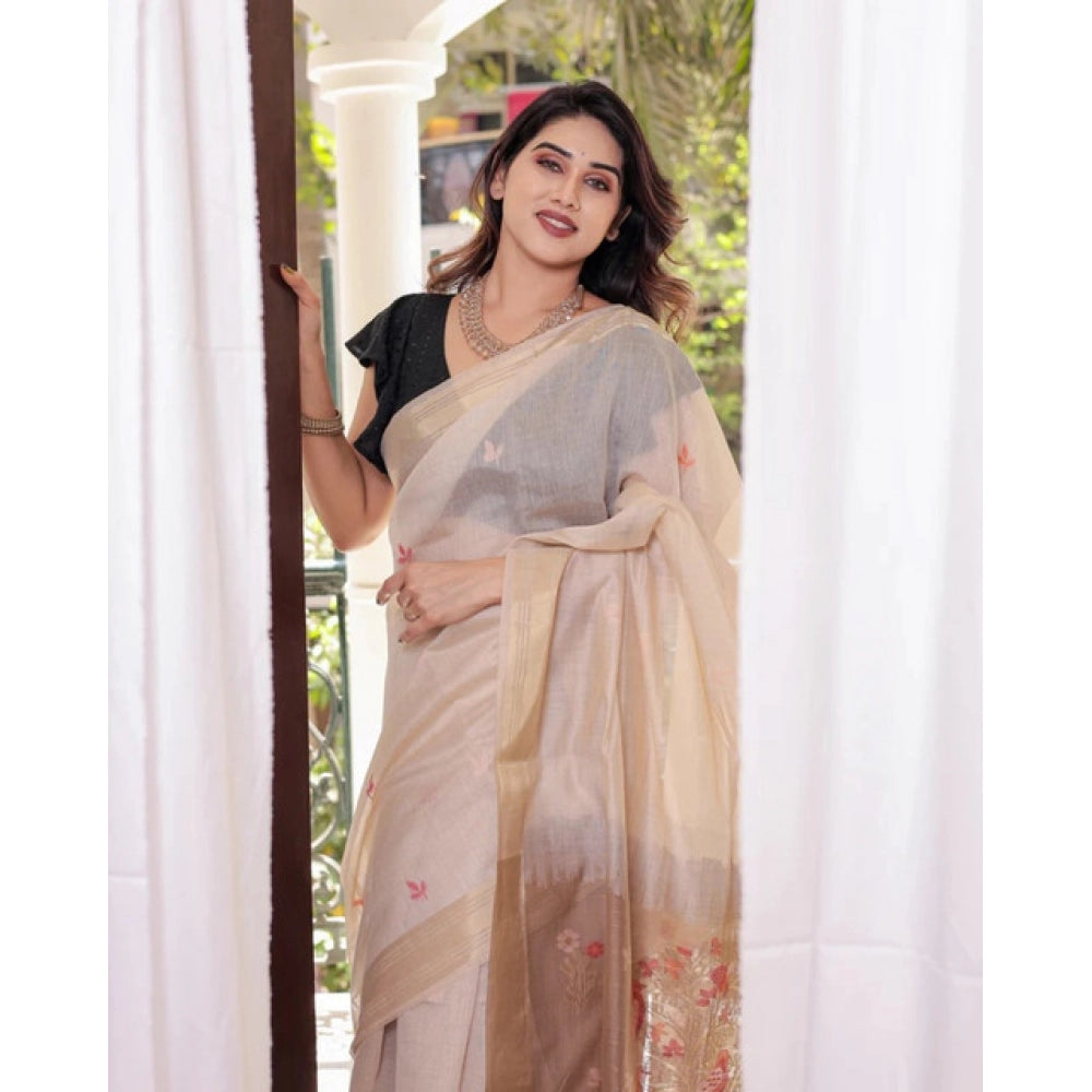 Women's Blended_Cotton Woven_Motifs Saree With Unstitched Blouse 5.5Mtr (Light_Beige)
