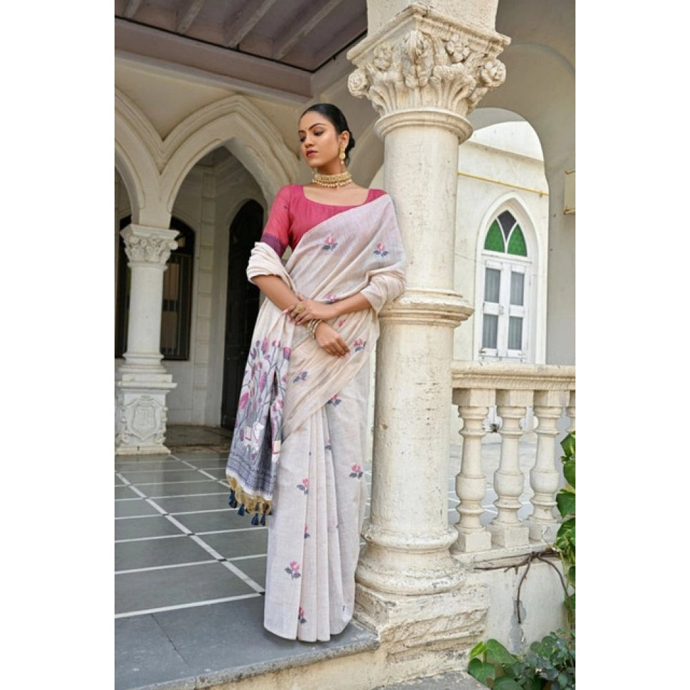 Women's Blended_Cotton Floral Weaving Pattern Saree With Unstitched Blouse 5.5Mtr (Blue)