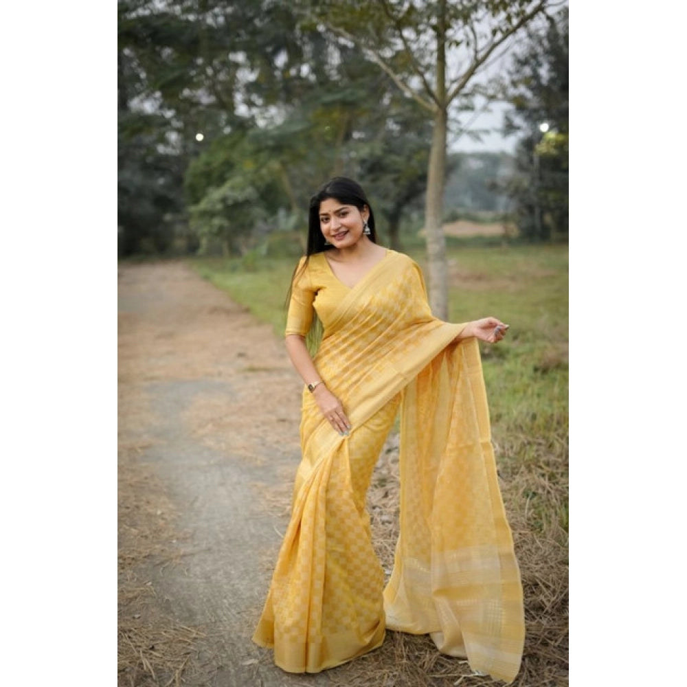 Women's Silk_Blend Checked Saree With Unstitched Blouse 5.5Mtr (Yellow)