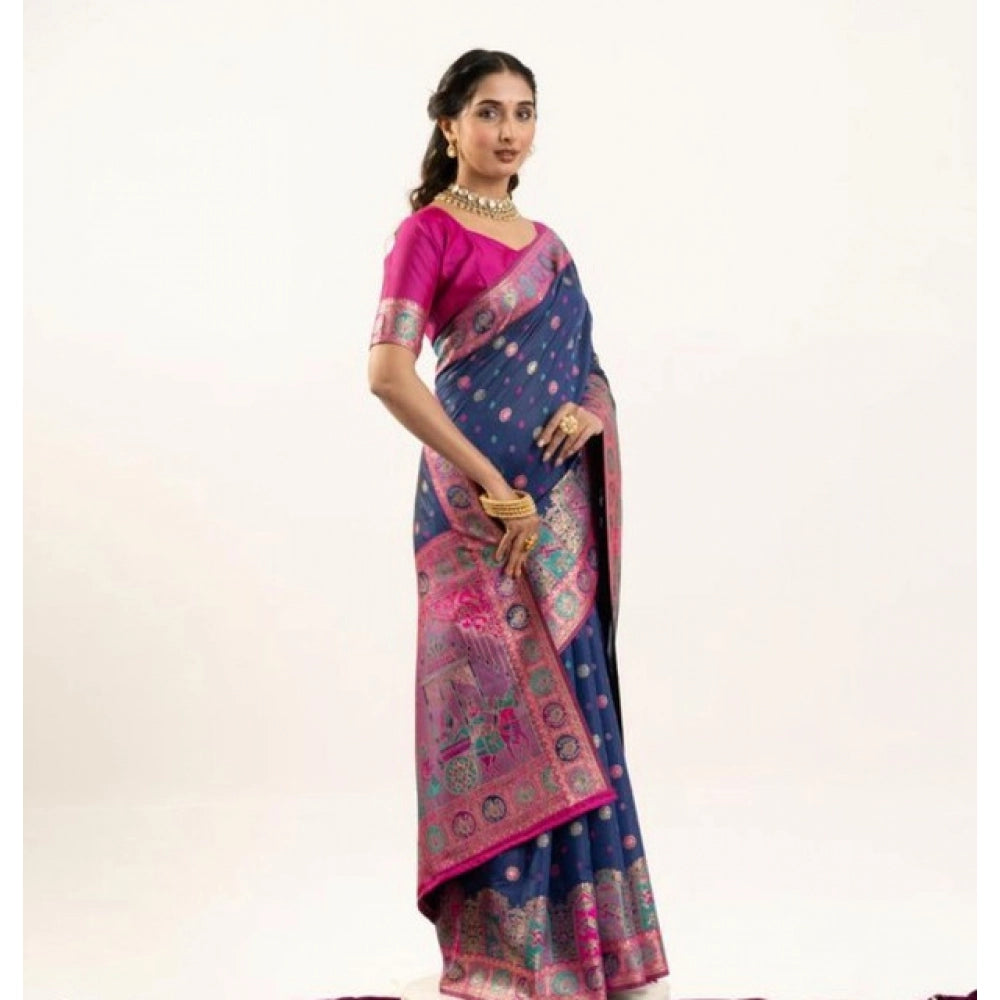 Women's Faux_Banarasi Woven Motifs Saree With Unstitched Blouse 5.5Mtr (Navy_Blue)