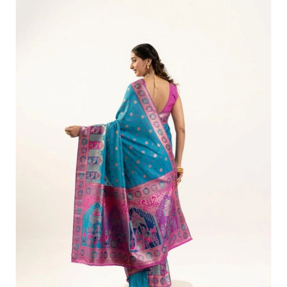 Women's Faux_Banarasi Woven Motifs Saree With Unstitched Blouse 5.5Mtr (Teal)
