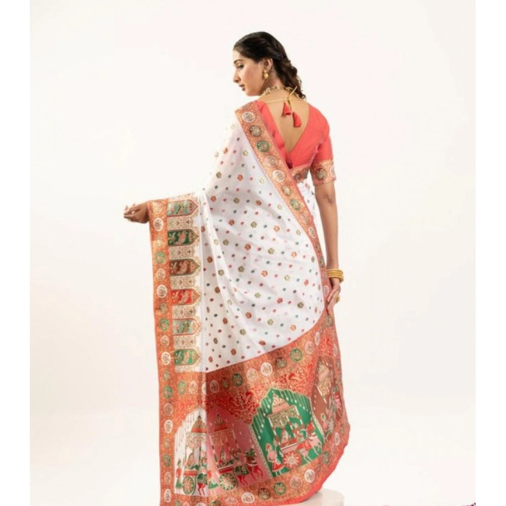 Women's Faux_Banarasi Woven Motifs Saree With Unstitched Blouse 5.5Mtr (White)