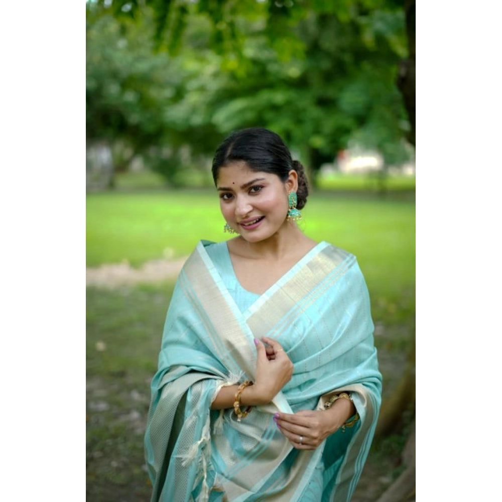 Women's Faux_Banarasi Lining Pattern Saree With Unstitched Blouse 5.5Mtr (Light_Aqua_Blue)