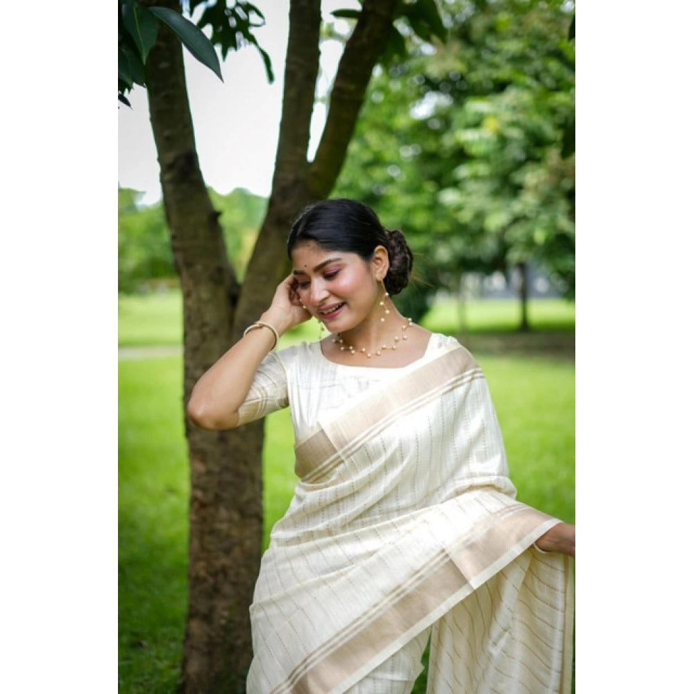 Women's Faux_Banarasi Lining Pattern Saree With Unstitched Blouse 5.5Mtr (Off_White)