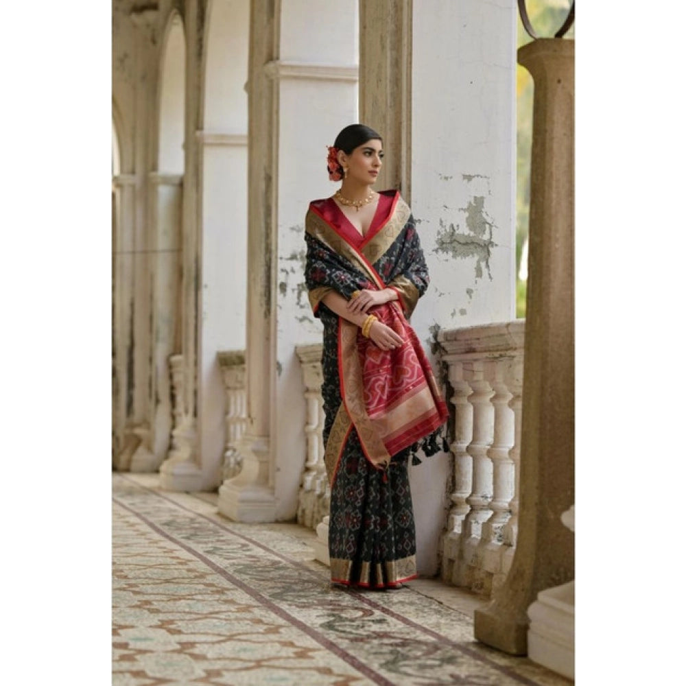 Women's Silk_Blend Ethnic Ikat Pattern Saree With Unstitched Blouse 5.5Mtr (Black)