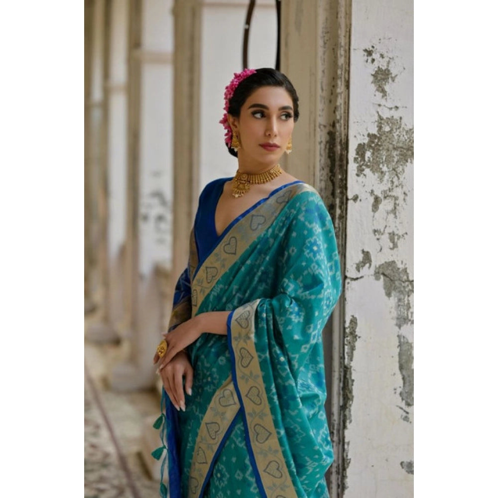 Women's Silk_Blend Ethnic Ikat Pattern Saree With Unstitched Blouse 5.5Mtr (Teal)