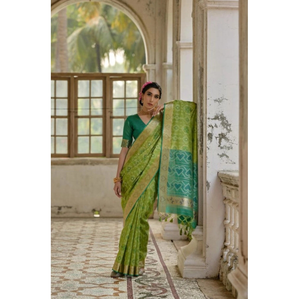 Women's Silk_Blend Ethnic Ikat Pattern Saree With Unstitched Blouse 5.5Mtr (Light_Green)