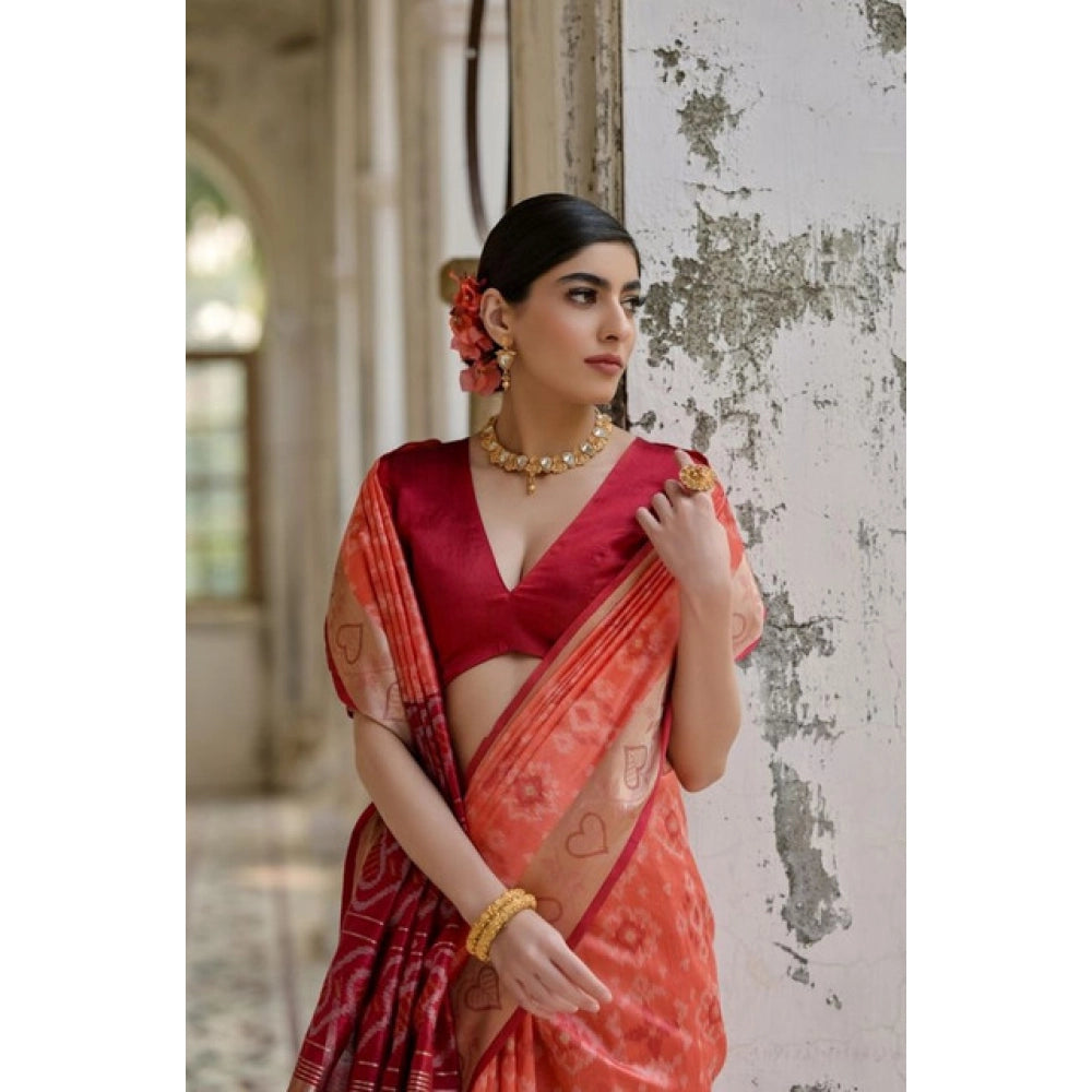 Women's Silk_Blend Ethnic Ikat Pattern Saree With Unstitched Blouse 5.5Mtr (Orange)