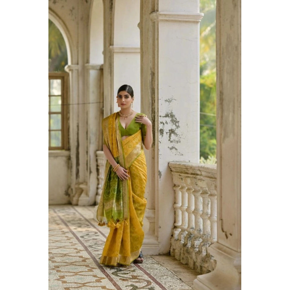 Women's Silk_Blend Ethnic Ikat Pattern Saree With Unstitched Blouse 5.5Mtr (Yellow)