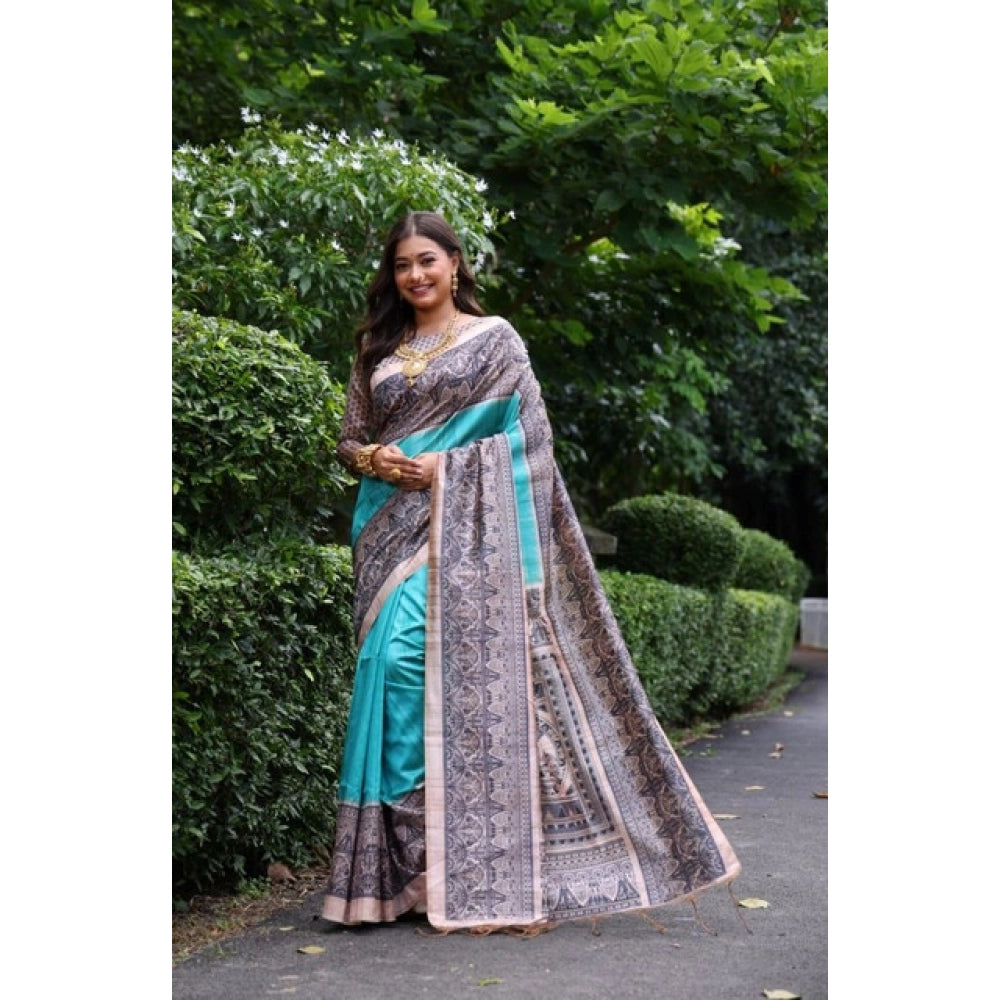 Women's Faux_Tussar Ethnic_Print Saree With Unstitched Blouse 5.5Mtr (Aqua_Blue)