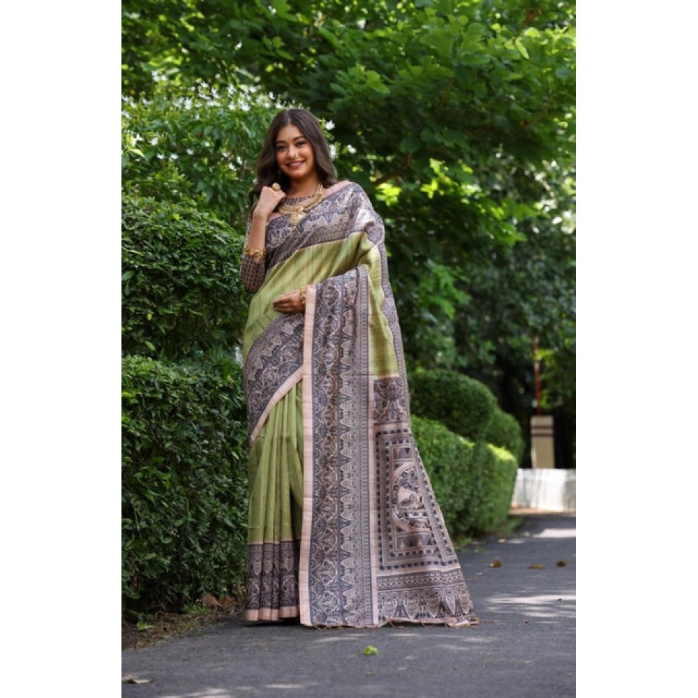 Women's Faux_Tussar Ethnic_Print Saree With Unstitched Blouse 5.5Mtr (Olive)