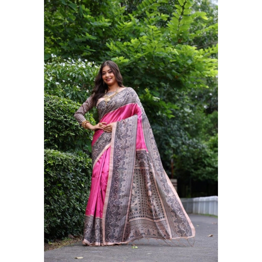 Women's Faux_Tussar Ethnic_Print Saree With Unstitched Blouse 5.5Mtr (Pink)