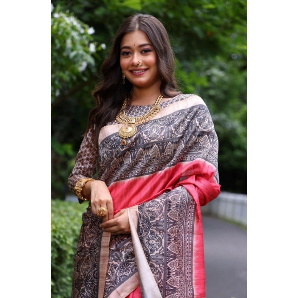 Women's Faux_Tussar Ethnic_Print Saree With Unstitched Blouse 5.5Mtr (Red)
