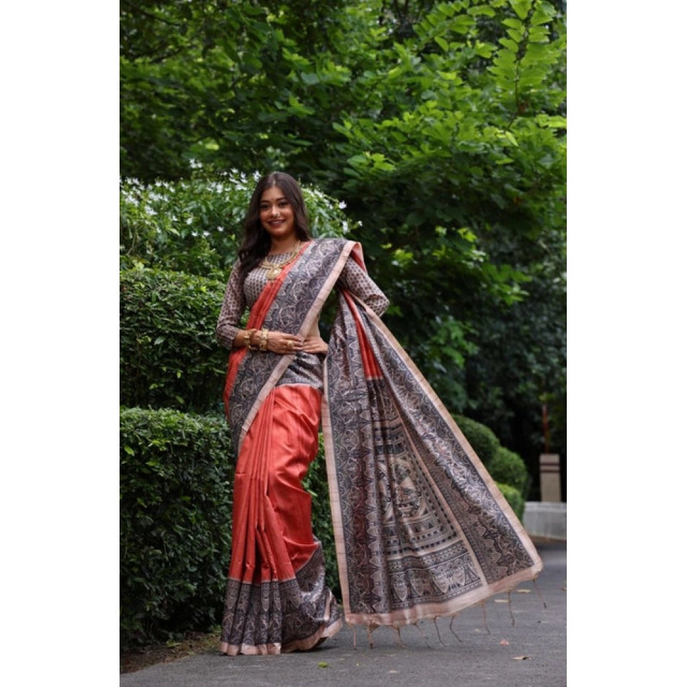 Women's Faux_Tussar Ethnic_Print Saree With Unstitched Blouse 5.5Mtr (Rust)