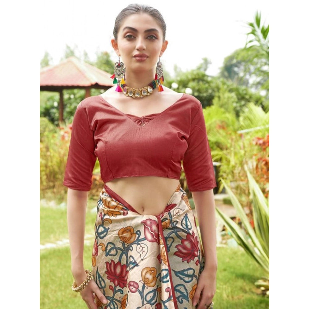Women's Faux_Tussar Kalamkari_Print Saree With Unstitched Blouse 5.5Mtr (Red)