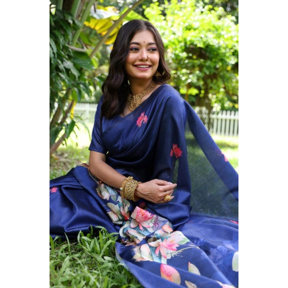 Women's Faux_Tussar Floral Saree With Unstitched Blouse 5.5Mtr (Navy_Blue)