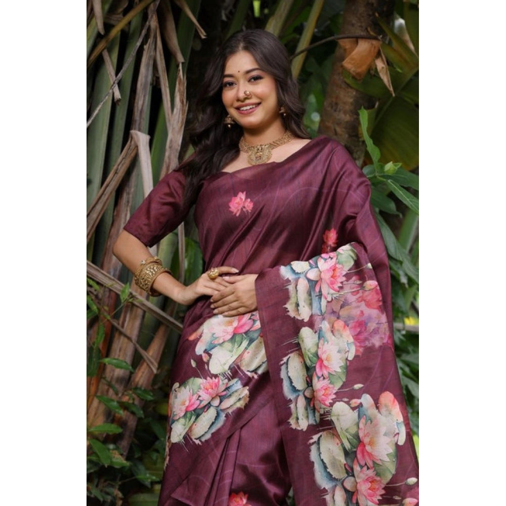 Women's Faux_Tussar Floral Saree With Unstitched Blouse 5.5Mtr (Purple)