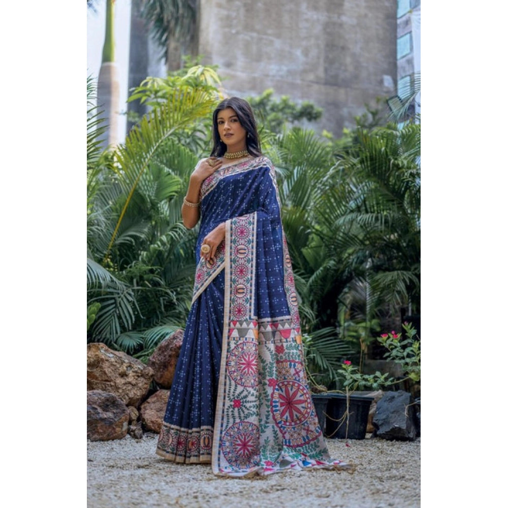 Women's Faux_Tussar Geometric_Print Saree With Unstitched Blouse 5.5Mtr (Blue)