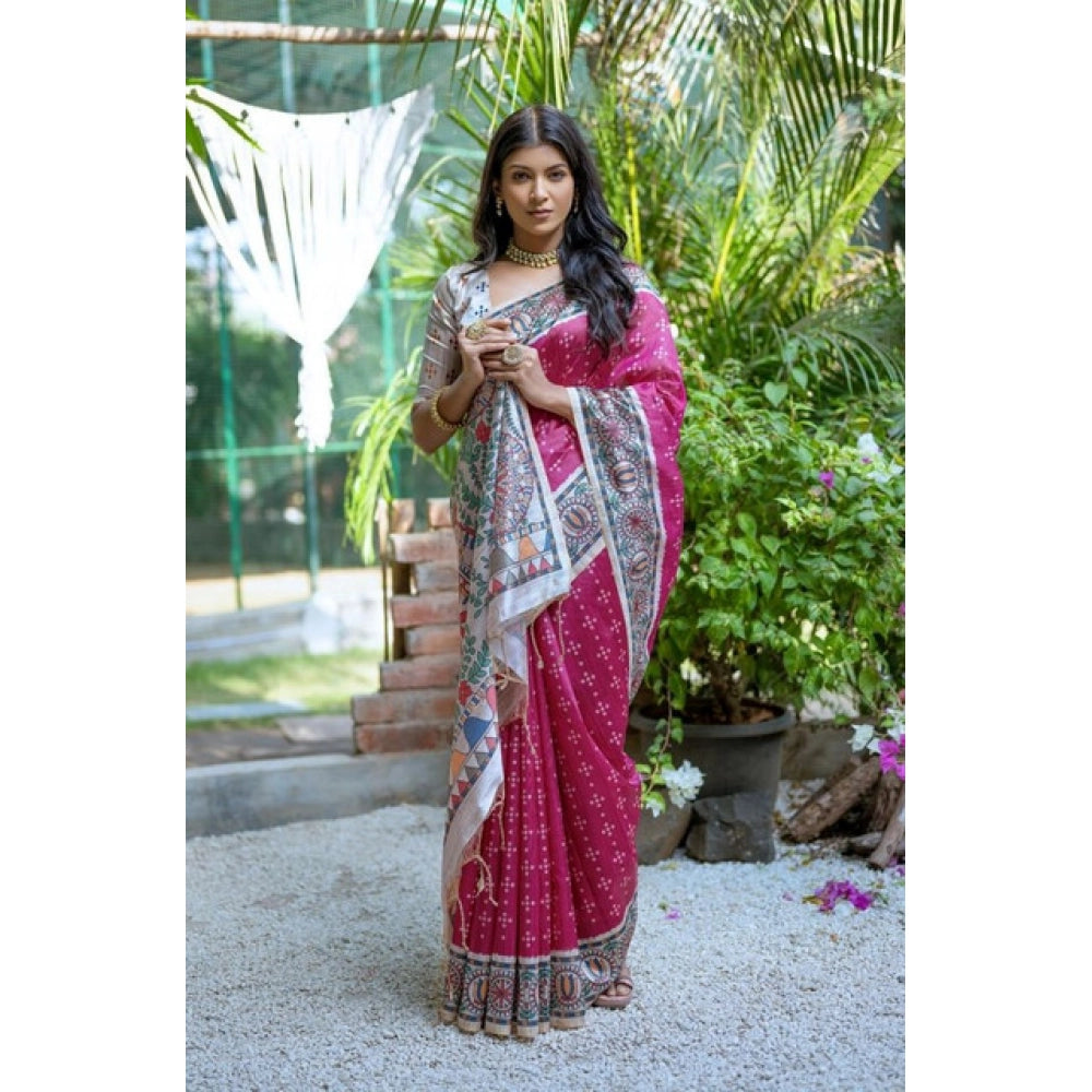 Women's Faux_Tussar Geometric_Print Saree With Unstitched Blouse 5.5Mtr (Pink)