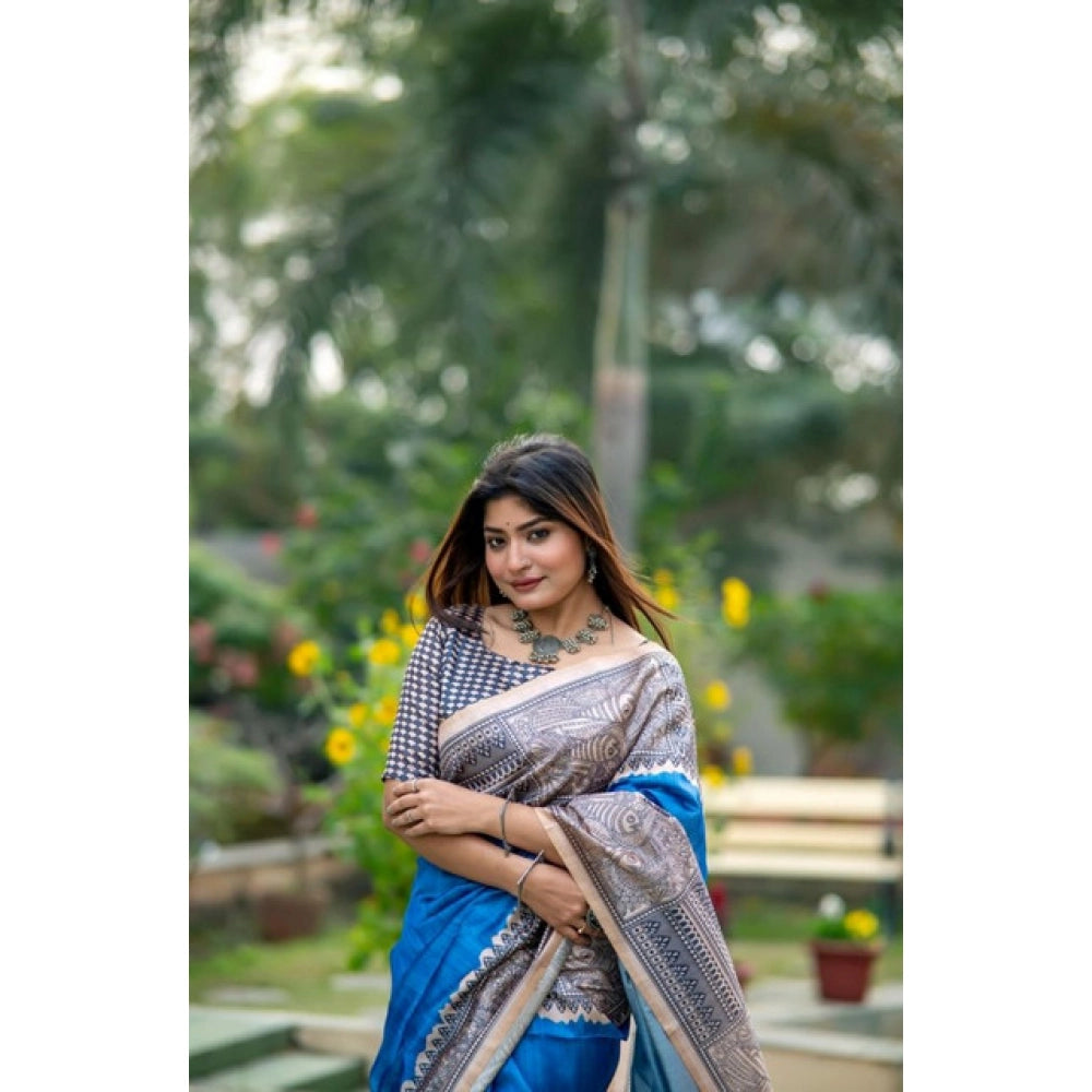 Women's Faux_Tussar Geometric_Print Saree With Unstitched Blouse 5.5Mtr (Royal_Blue)