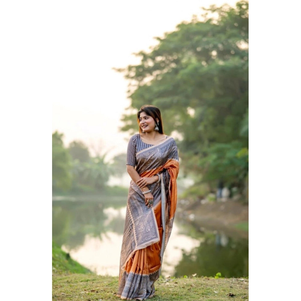 Women's Faux_Tussar Geometric_Print Saree With Unstitched Blouse 5.5Mtr (Rust)