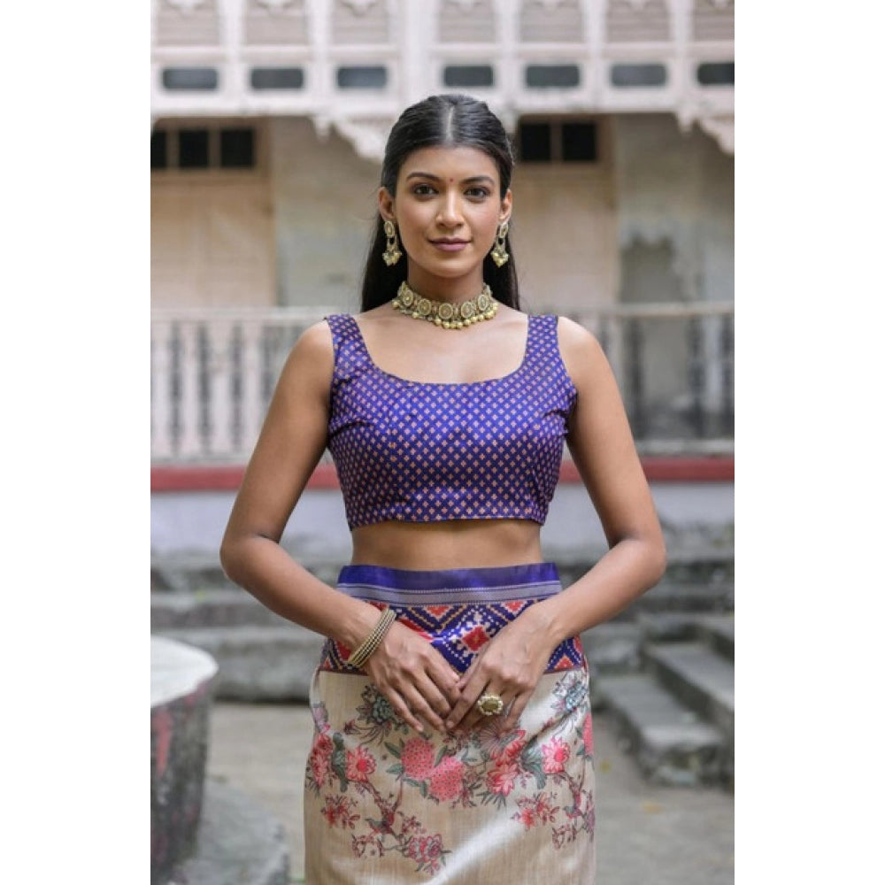 Women's Faux_Tussar Floral Jal With Patola Print Saree With Unstitched Blouse 5.5Mtr (Blue)