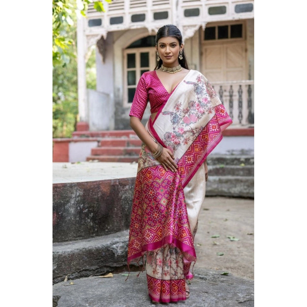 Women's Faux_Tussar Floral Jal With Patola Print Saree With Unstitched Blouse 5.5Mtr (Pink)