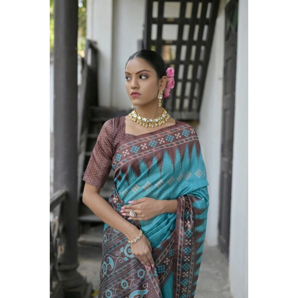 Women's Faux_Tussar Ikat Saree With Unstitched Blouse 5.5Mtr (Aqua_Blue)