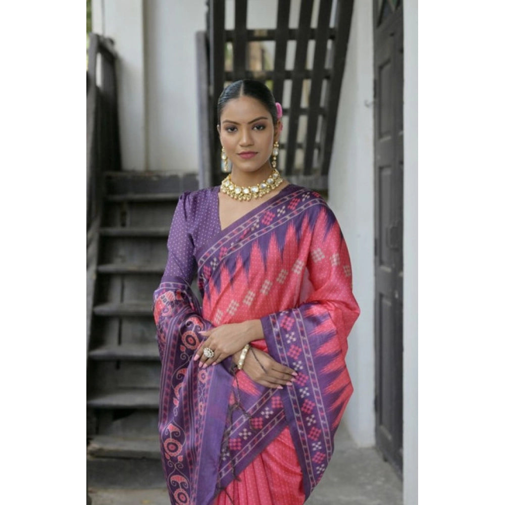 Women's Faux_Tussar Ikat Saree With Unstitched Blouse 5.5Mtr (Peach)