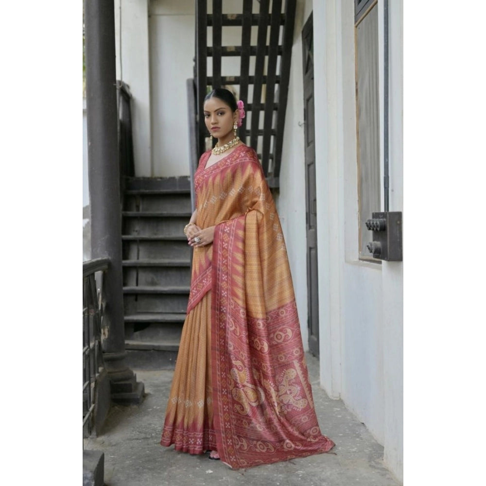 Women's Faux_Tussar Ikat Saree With Unstitched Blouse 5.5Mtr (Rust)