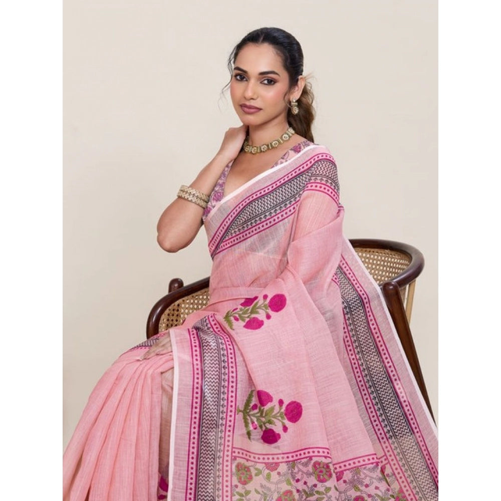 Women's Linen Floral Printed Saree With Unstitched Blouse 5.5Mtr (Pink)