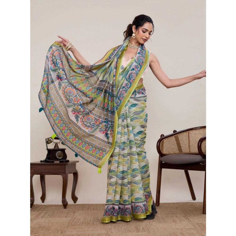 Women's Linen Floral Printed Saree With Unstitched Blouse 5.5Mtr (Pista Green)