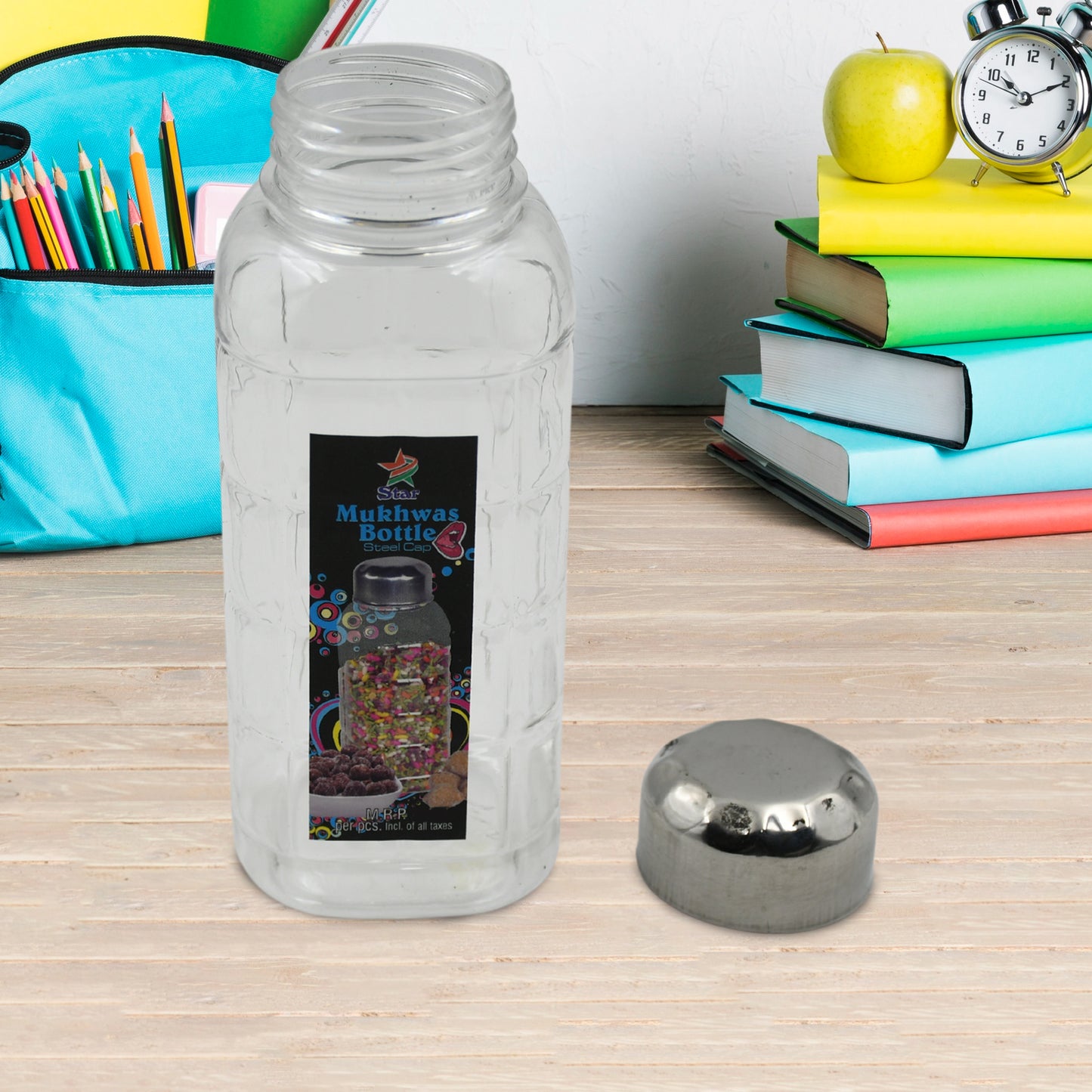 5714 Plastic Transparent Mukhwas Bottle With Steel Cap Mouth Freshener Dryfruits Multipurpose Air Tight And Bpa Free Kitchen Storage Bottle (1 Pc)
