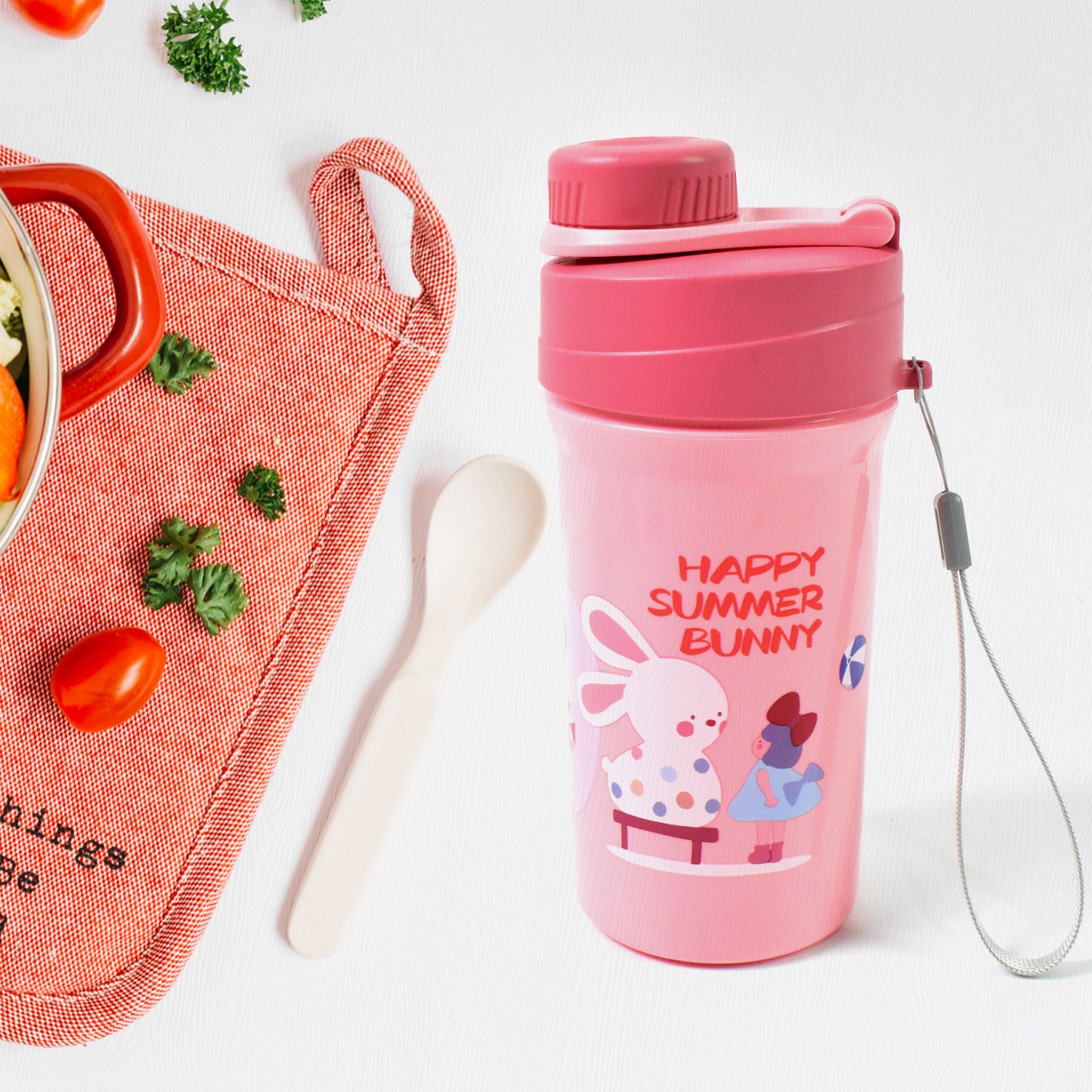 Plastic Lunch Box Leak Proof 2 Compartment With Bottle And Fork (1 Set Mix Color)
