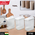 CookAura transparent 3-piece kitchen storage jars set with white lids.