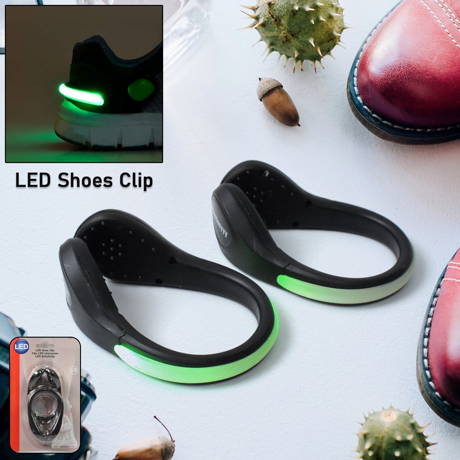LED Shoe Clip Lights illuminating a runner's shoes at night for safety.