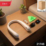 Close-up of wearable neck fan for personal cooling during travel