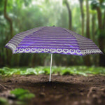 Demonstration of the umbrella's strong canopy offering reliable sun and rain protection.