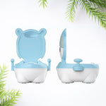 Baby potty training seat in white with blue accents, featuring a removable bowl.