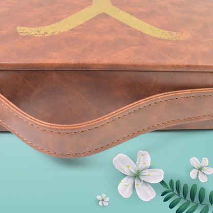 Open leather carrying case revealing its organised interior with protective lining.