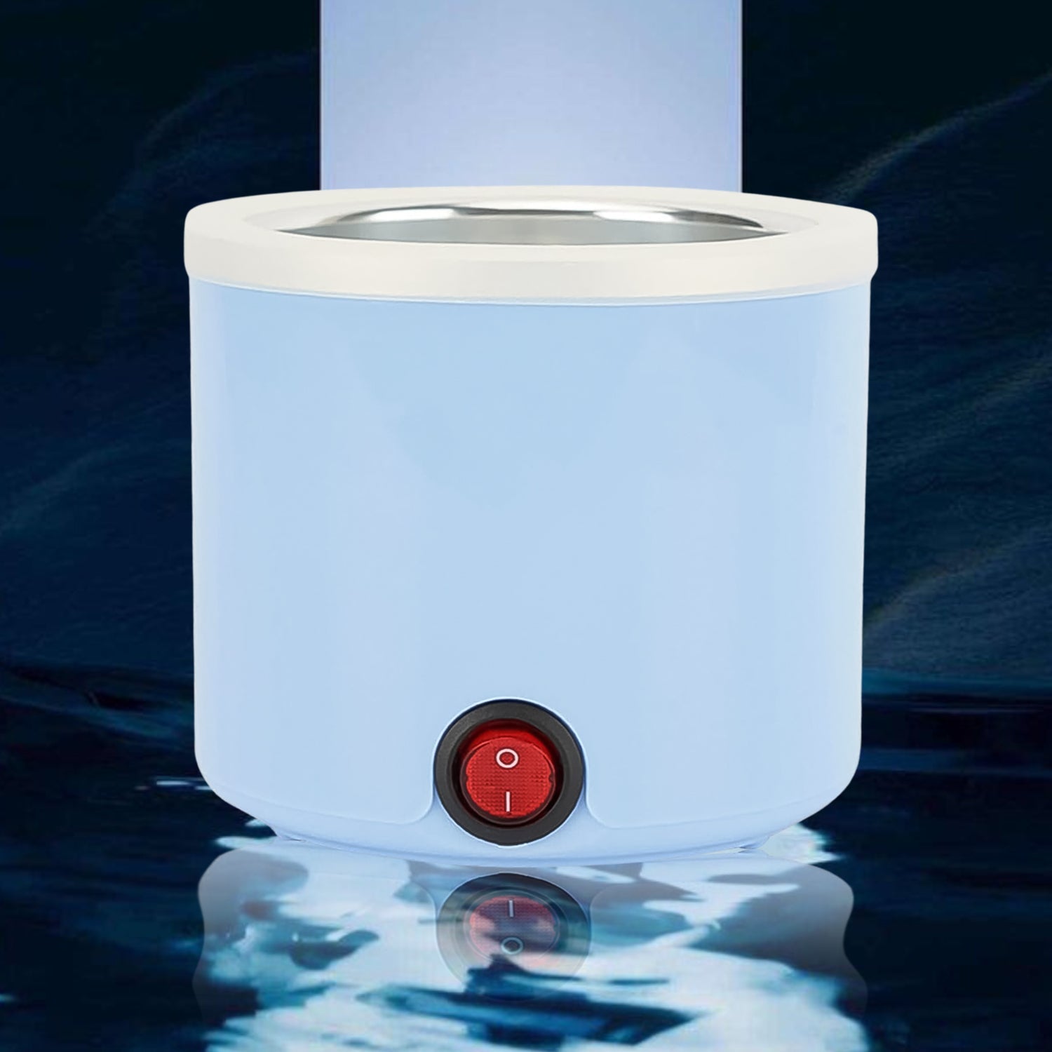 Person demonstrating use of the compact wax melting device for smooth skin.