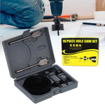 An 18-piece carbon steel Hole Saw Kit with various sizes and mandrels displayed in its organized storage case.